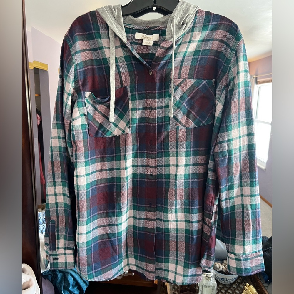 Vintage Natural Reflections Plaid Button Up Hooded Shirt Men's Medium GUC‎
